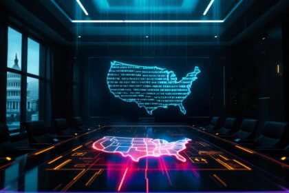 Et højteknologisk konferencelokale med digitale kort over USA på et glasbord og en vægskærm, der begge viser data og koder; U.S. Capitol kan ses uden for vinduet. - Kunstig intelligens AI