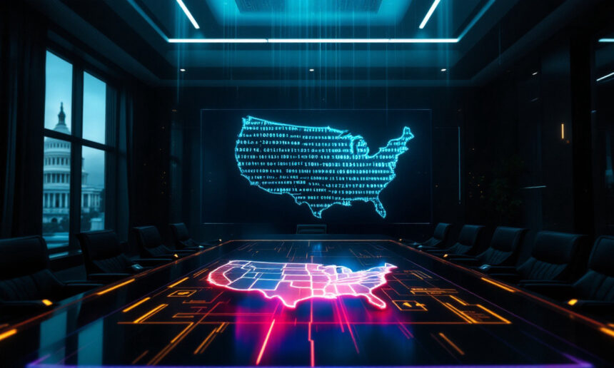Et højteknologisk konferencelokale med digitale kort over USA på et glasbord og en vægskærm, der begge viser data og koder; U.S. Capitol kan ses uden for vinduet. - Kunstig intelligens AI