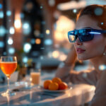 En kvinde iført futuristiske augmented reality-briller sidder ved et bord med to glas appelsindrik, stearinlys og en skål med frugt, omgivet af lysende digitale effekter i et stilfuldt udendørs miljø ved solnedgang. - Kunstig intelligens AI
