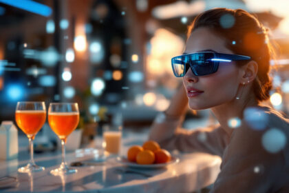 En kvinde iført futuristiske augmented reality-briller sidder ved et bord med to glas appelsindrik, stearinlys og en skål med frugt, omgivet af lysende digitale effekter i et stilfuldt udendørs miljø ved solnedgang. - Kunstig intelligens AI