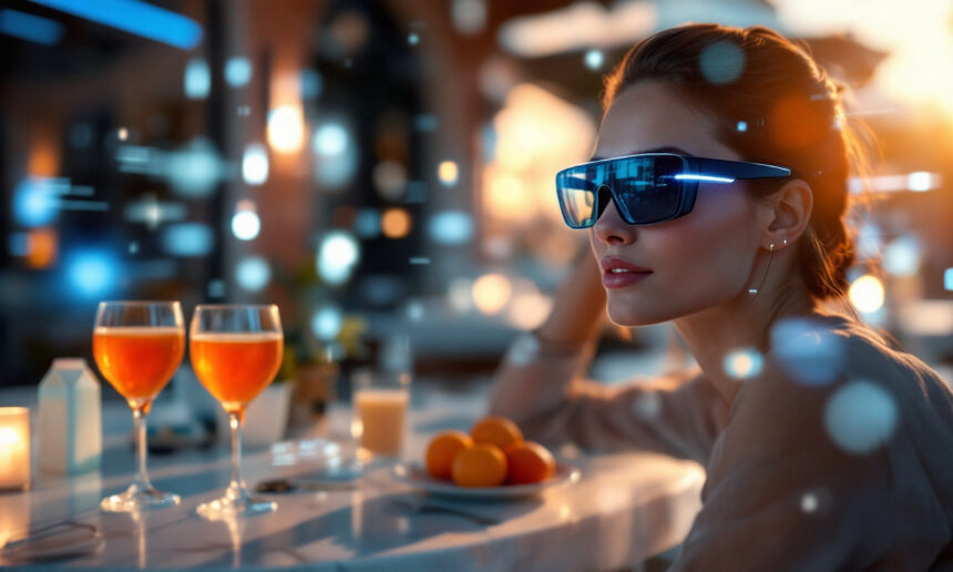 En kvinde iført futuristiske augmented reality-briller sidder ved et bord med to glas appelsindrik, stearinlys og en skål med frugt, omgivet af lysende digitale effekter i et stilfuldt udendørs miljø ved solnedgang. - Kunstig intelligens AI