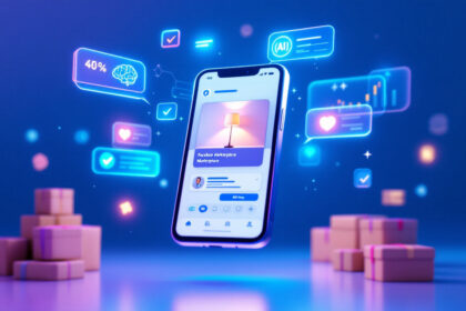 En smartphone med en smart home-app svæver i et blåt, futuristisk miljø med digitale ikoner af hjerner, flueben, hjerter og grafer; små pakkebokse står på gulvet omkring den. - Kunstig intelligens AI