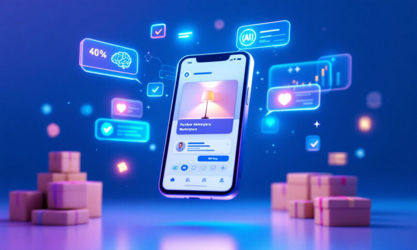 En smartphone med en smart home-app svæver i et blåt, futuristisk miljø med digitale ikoner af hjerner, flueben, hjerter og grafer; små pakkebokse står på gulvet omkring den. - Kunstig intelligens AI