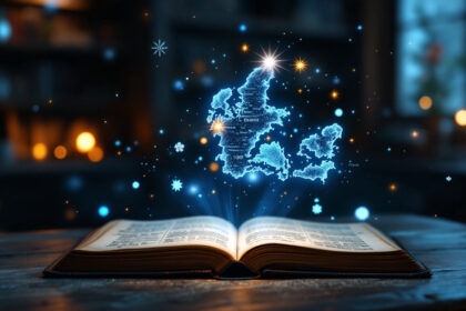 En åben bog på et træbord udsender glødende blåt lys med et magisk, stjerneklart hologram af et Europakort, der svæver over siderne. Baggrunden er blødt sløret med en varm belysning. - Kunstig intelligens AI