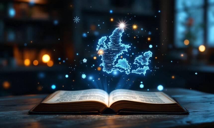 En åben bog på et træbord udsender glødende blåt lys med et magisk, stjerneklart hologram af et Europakort, der svæver over siderne. Baggrunden er blødt sløret med en varm belysning. - Kunstig intelligens AI