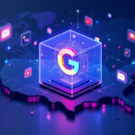 Et lysende 3D Google-logo i en gennemsigtig kube sidder på et digitalt kort, omgivet af flydende app-ikoner for e-mail, fotos og andre Google-tjenester, der repræsenterer opkobling og teknologi. - Kunstig intelligens AI