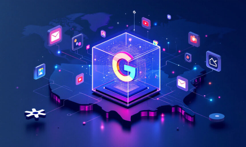 Et lysende 3D Google-logo i en gennemsigtig kube sidder på et digitalt kort, omgivet af flydende app-ikoner for e-mail, fotos og andre Google-tjenester, der repræsenterer opkobling og teknologi. - Kunstig intelligens AI