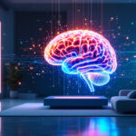 Et moderne, futuristisk rum med et lysende digitalt hjernehologram i neonfarver, der svæver over en platform. Der er planter, en sofa og en digital skærm, der viser data på væggen, hvilket skaber en højteknologisk, kreativ atmosfære. - Kunstig intelligens AI