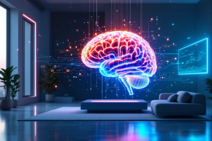 Et moderne, futuristisk rum med et lysende digitalt hjernehologram i neonfarver, der svæver over en platform. Der er planter, en sofa og en digital skærm, der viser data på væggen, hvilket skaber en højteknologisk, kreativ atmosfære. - Kunstig intelligens AI