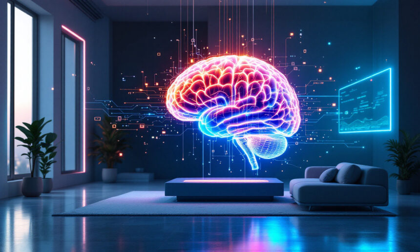 Et moderne, futuristisk rum med et lysende digitalt hjernehologram i neonfarver, der svæver over en platform. Der er planter, en sofa og en digital skærm, der viser data på væggen, hvilket skaber en højteknologisk, kreativ atmosfære. - Kunstig intelligens AI