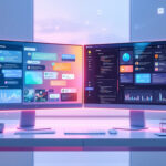 Et moderne skrivebord med to store buede skærme, der viser farverige datadashboards og diagrammer, omgivet af små potteplanter, et tastatur og en mus, alt sammen oplyst af blød, neonpink og blå belysning. - Kunstig intelligens AI