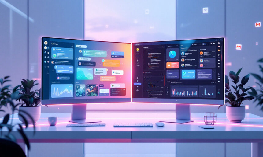 Et moderne skrivebord med to store buede skærme, der viser farverige datadashboards og diagrammer, omgivet af små potteplanter, et tastatur og en mus, alt sammen oplyst af blød, neonpink og blå belysning. - Kunstig intelligens AI