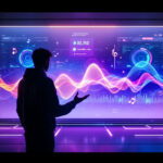 En person står i et futuristisk rum og interagerer med en stor digital skærm, der viser farverige lydbølger, musiknoter og datavisualiseringer, som tyder på musikproduktion eller lydanalyseteknologi. - Kunstig intelligens AI
