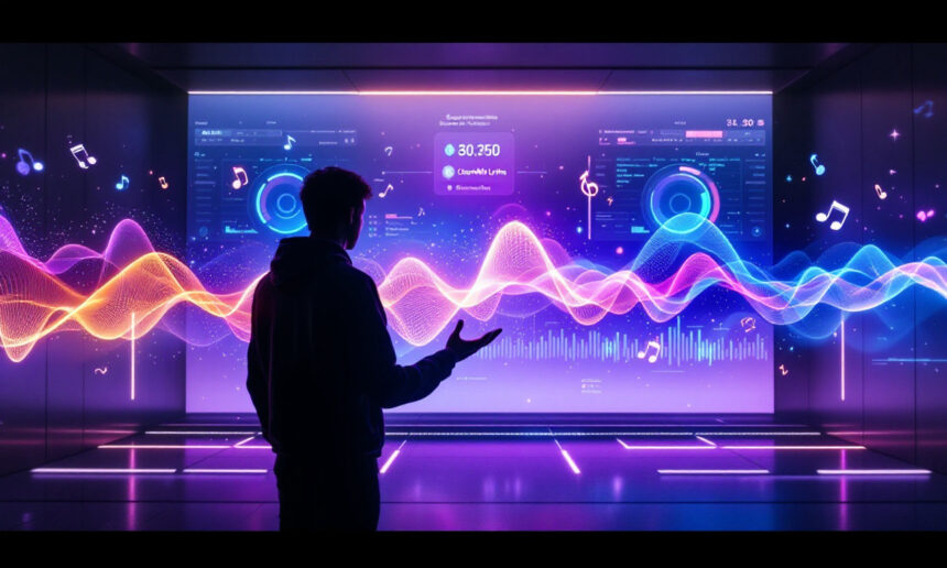 En person står i et futuristisk rum og interagerer med en stor digital skærm, der viser farverige lydbølger, musiknoter og datavisualiseringer, som tyder på musikproduktion eller lydanalyseteknologi. - Kunstig intelligens AI