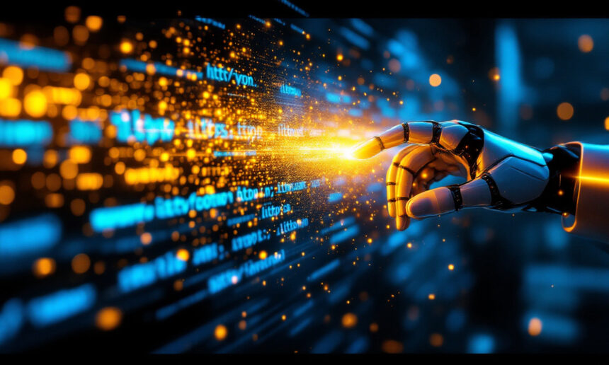 En robothånd rækker ud efter glødende koder og digitale links, og lyse orange og blå lyseffekter skaber en futuristisk, højteknologisk atmosfære. - Kunstig intelligens AI