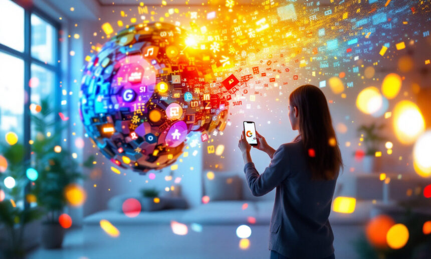 En kvinde med en smartphone står i et lyst rum foran en glødende, farverig kugle lavet af flydende app-ikoner og digitale symboler, der repræsenterer teknologi og opkobling. - Kunstig intelligens AI
