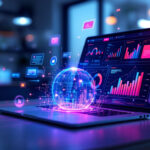 En bærbar computer på et skrivebord viser farverige diagrammer og grafer på skærmen med en glødende digital globus og dataikoner, der svæver over tastaturet og symboliserer global dataanalyse og teknologi. - Kunstig intelligens AI