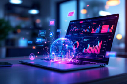 En bærbar computer på et skrivebord viser farverige diagrammer og grafer på skærmen med en glødende digital globus og dataikoner, der svæver over tastaturet og symboliserer global dataanalyse og teknologi. - Kunstig intelligens AI