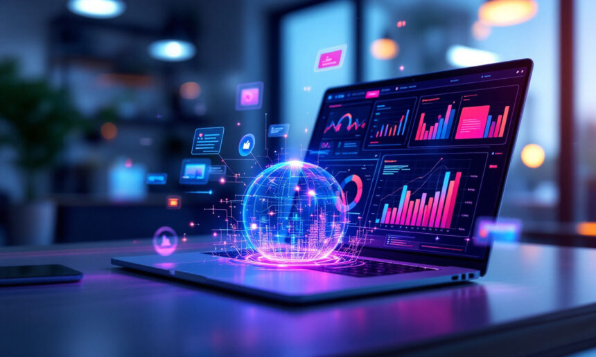 En bærbar computer på et skrivebord viser farverige diagrammer og grafer på skærmen med en glødende digital globus og dataikoner, der svæver over tastaturet og symboliserer global dataanalyse og teknologi. - Kunstig intelligens AI