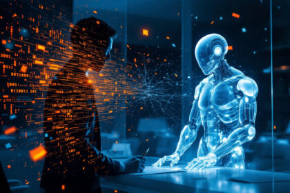 Et menneske og en lysende humanoid robot interagerer ved et skrivebord, hvor digitale data strømmer mellem dem i et futuristisk kontormiljø. - Kunstig intelligens AI