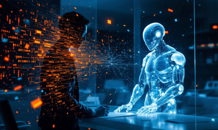 Et menneske og en lysende humanoid robot interagerer ved et skrivebord, hvor digitale data strømmer mellem dem i et futuristisk kontormiljø. - Kunstig intelligens AI