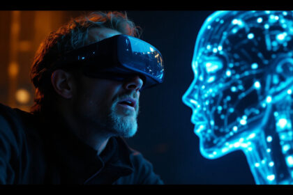 En mand iført virtual reality-briller ser intenst på et lysende blåt digitalt humanoidansigt med kredsløbslignende mønstre, som antyder et samspil mellem menneske og kunstig intelligens i en futuristisk setting. - Kunstig intelligens AI