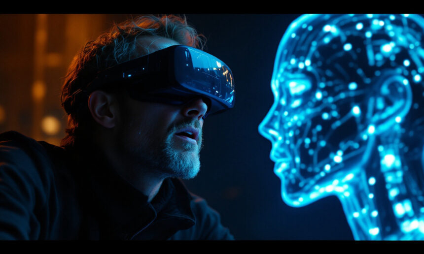 En mand iført virtual reality-briller ser intenst på et lysende blåt digitalt humanoidansigt med kredsløbslignende mønstre, som antyder et samspil mellem menneske og kunstig intelligens i en futuristisk setting. - Kunstig intelligens AI