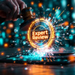 En hånd, der holder en hammer, rammer en digital tablet og skaber et lysudbrud omkring et glødende emblem, hvor der står Expert Review i midten, med en futuristisk, højteknologisk baggrund. - Kunstig intelligens AI
