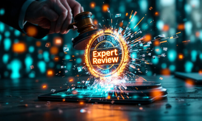 En hånd, der holder en hammer, rammer en digital tablet og skaber et lysudbrud omkring et glødende emblem, hvor der står Expert Review i midten, med en futuristisk, højteknologisk baggrund. - Kunstig intelligens AI