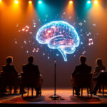 Seks personer sidder på scenen over for en glødende digital hjerne omgivet af flydende musiknoter på en stor skærm, under dramatisk orange og blå scenebelysning, med en mikrofon placeret i midten. - Kunstig intelligens AI