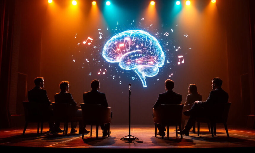 Seks personer sidder på scenen over for en glødende digital hjerne omgivet af flydende musiknoter på en stor skærm, under dramatisk orange og blå scenebelysning, med en mikrofon placeret i midten. - Kunstig intelligens AI