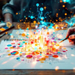 En farverig illustration af en futuristisk by, der tegnes på papir, omgivet af kunstartikler og digitale effekter som glødende lys, geometriske former og datasymboler, der blander kreativitet og teknologi. - Kunstig intelligens AI