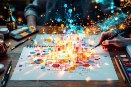 En farverig illustration af en futuristisk by, der tegnes på papir, omgivet af kunstartikler og digitale effekter som glødende lys, geometriske former og datasymboler, der blander kreativitet og teknologi. - Kunstig intelligens AI