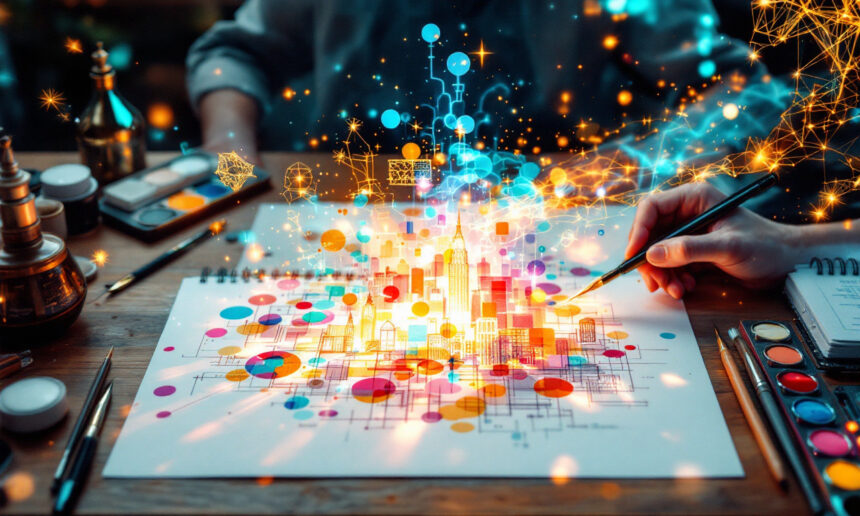 En farverig illustration af en futuristisk by, der tegnes på papir, omgivet af kunstartikler og digitale effekter som glødende lys, geometriske former og datasymboler, der blander kreativitet og teknologi. - Kunstig intelligens AI