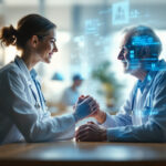 En kvindelig læge og en ældre mandlig patient sidder over for hinanden, smiler og holder hinanden i hånden. Futuristiske digitale medicinske data og hologrammer vises mellem dem, hvilket tyder på avanceret sundhedsteknologi. - Kunstig intelligens AI