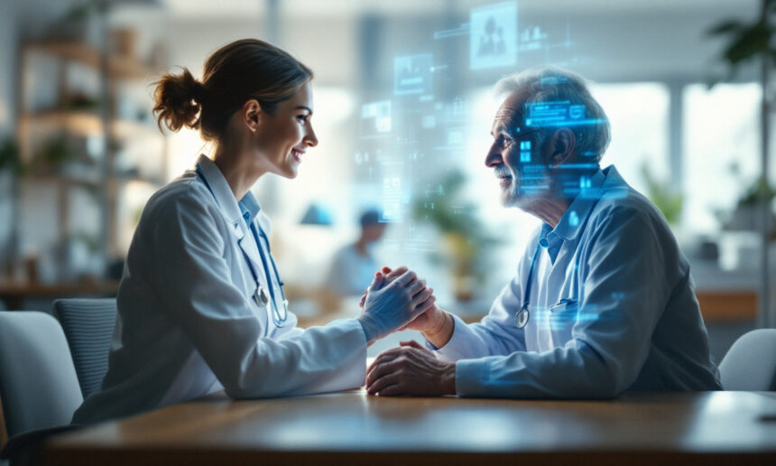 En kvindelig læge og en ældre mandlig patient sidder over for hinanden, smiler og holder hinanden i hånden. Futuristiske digitale medicinske data og hologrammer vises mellem dem, hvilket tyder på avanceret sundhedsteknologi. - Kunstig intelligens AI