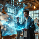 En mand bruger digitale effekter, mens han maler på et lærred i et lyst, moderne kunstatelier, og der kommer hvirvlende blå holografiske mønstre ud af hans arbejde. En anden person maler i baggrunden. - Kunstig intelligens AI