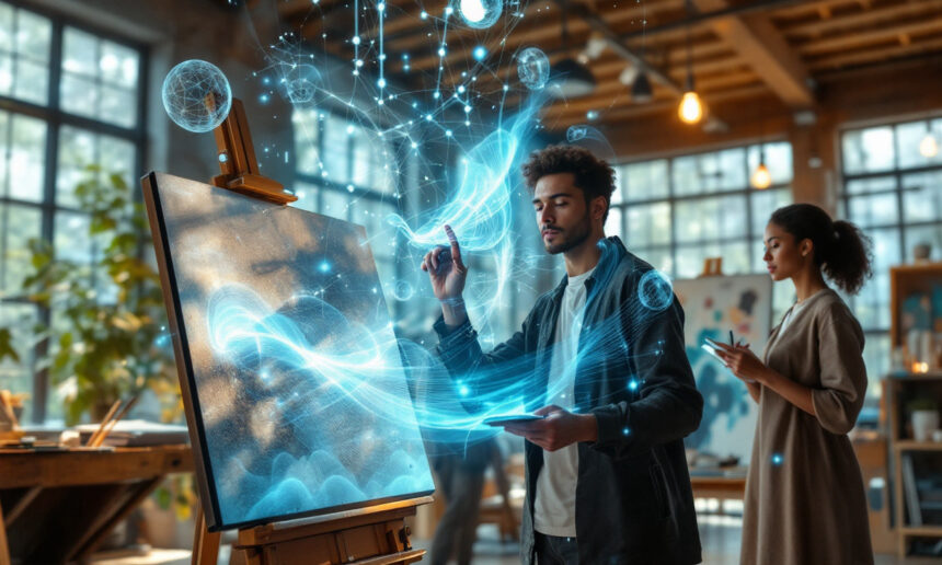 En mand bruger digitale effekter, mens han maler på et lærred i et lyst, moderne kunstatelier, og der kommer hvirvlende blå holografiske mønstre ud af hans arbejde. En anden person maler i baggrunden. - Kunstig intelligens AI
