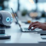 En lille, futuristisk robot med lysende blå øjne sidder på et skrivebord i nærheden af en person, der skriver på en bærbar computer i et kontormiljø. Scenen er moderne og højteknologisk med slørede baggrundsdetaljer. - Kunstig intelligens AI