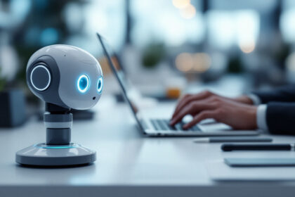 En lille, futuristisk robot med lysende blå øjne sidder på et skrivebord i nærheden af en person, der skriver på en bærbar computer i et kontormiljø. Scenen er moderne og højteknologisk med slørede baggrundsdetaljer. - Kunstig intelligens AI