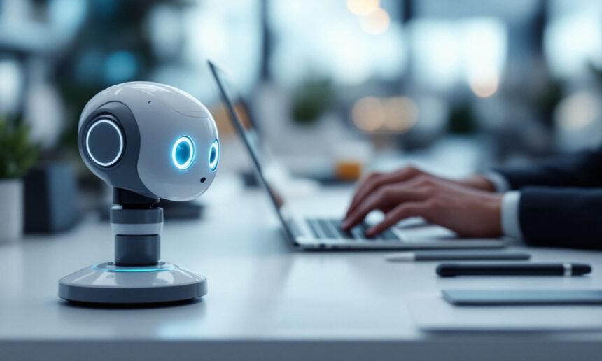 En lille, futuristisk robot med lysende blå øjne sidder på et skrivebord i nærheden af en person, der skriver på en bærbar computer i et kontormiljø. Scenen er moderne og højteknologisk med slørede baggrundsdetaljer. - Kunstig intelligens AI