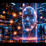 Et lysende digitalt ansigt lavet af sammenkoblede linjer og knudepunkter svæver i et futuristisk, neonoplyst rum. Folk står i baggrunden og betragter teknologidisplays med data, ikoner og teksten "Sev 1", der er oplyst på væggene. - Kunstig intelligens AI