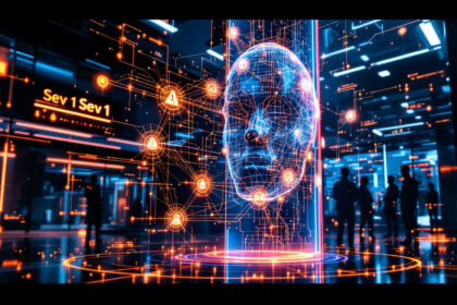 Et lysende digitalt ansigt lavet af sammenkoblede linjer og knudepunkter svæver i et futuristisk, neonoplyst rum. Folk står i baggrunden og betragter teknologidisplays med data, ikoner og teksten "Sev 1", der er oplyst på væggene. - Kunstig intelligens AI