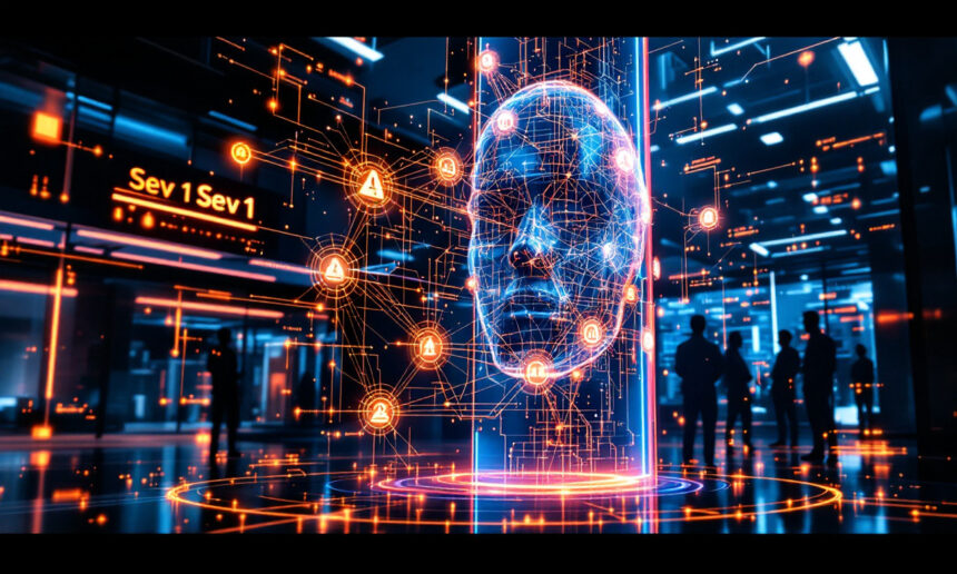 Et lysende digitalt ansigt lavet af sammenkoblede linjer og knudepunkter svæver i et futuristisk, neonoplyst rum. Folk står i baggrunden og betragter teknologidisplays med data, ikoner og teksten "Sev 1", der er oplyst på væggene. - Kunstig intelligens AI