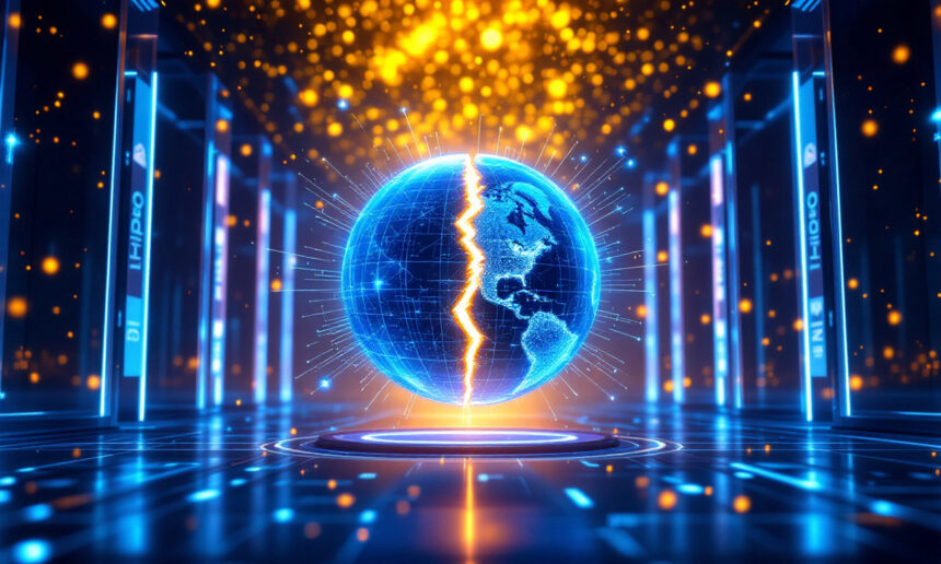 En glødende digital globus med en lysende revne i midten svæver i et futuristisk, blåt oplyst serverrum, omgivet af gyldne lyspartikler. Jorden ser ud til at være delt og fremhæver Nord- og Sydamerika. - Kunstig intelligens AI