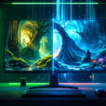 En buet computerskærm viser levende fantasilandskaber - den ene side gløder varmt med gyldne træer, den anden køligt med blå nuancer og en figur ved et mystisk træ. Skrivebordet er ryddeligt med planter, et tastatur og en mus i nærheden. - Kunstig intelligens AI
