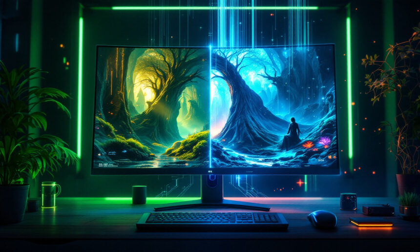 En buet computerskærm viser levende fantasilandskaber - den ene side gløder varmt med gyldne træer, den anden køligt med blå nuancer og en figur ved et mystisk træ. Skrivebordet er ryddeligt med planter, et tastatur og en mus i nærheden. - Kunstig intelligens AI