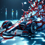 En futuristisk Formel 1 racerbil brager gennem røde bånd og flyvende papirer på en lysende digital bane med tre nationale flag i baggrunden. Scenen er en blanding af teknologi, fart og fest. - Kunstig intelligens AI