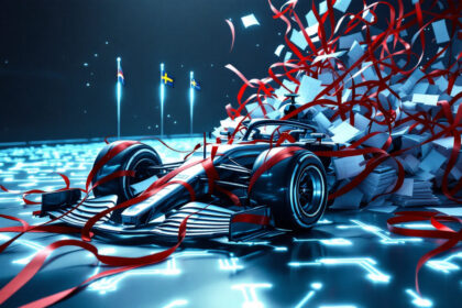 En futuristisk Formel 1 racerbil brager gennem røde bånd og flyvende papirer på en lysende digital bane med tre nationale flag i baggrunden. Scenen er en blanding af teknologi, fart og fest. - Kunstig intelligens AI