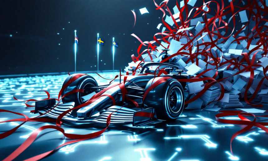 En futuristisk Formel 1 racerbil brager gennem røde bånd og flyvende papirer på en lysende digital bane med tre nationale flag i baggrunden. Scenen er en blanding af teknologi, fart og fest. - Kunstig intelligens AI